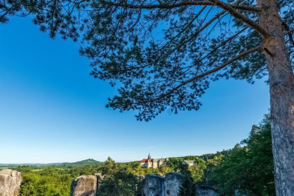 Hruba Skala Chateau and Trosky Castle on the Horizon, Bohemian Paradise, Czechia