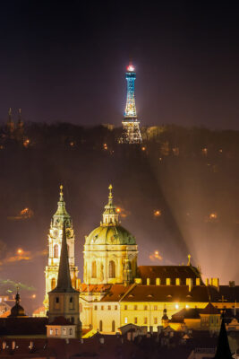 St. Nicholas Church and Petrin Tower at Night, Prague, Czechia