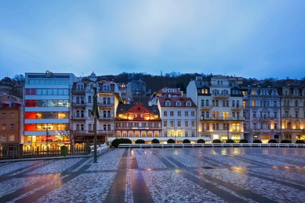 Vřídelní Street at Night, Karlovy Vary (Carlsbad), Czechia