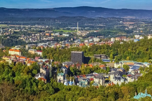 Panorama of Karlovy Vary from Diana observation tower, Czech republic