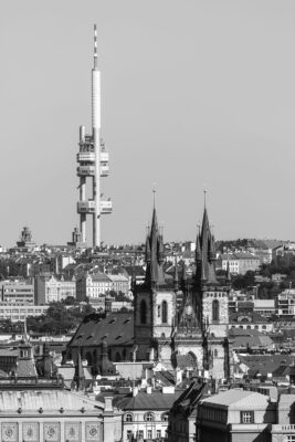 Black & White Cityscape of Prague with the Žižkov TV Tower, Czechia
