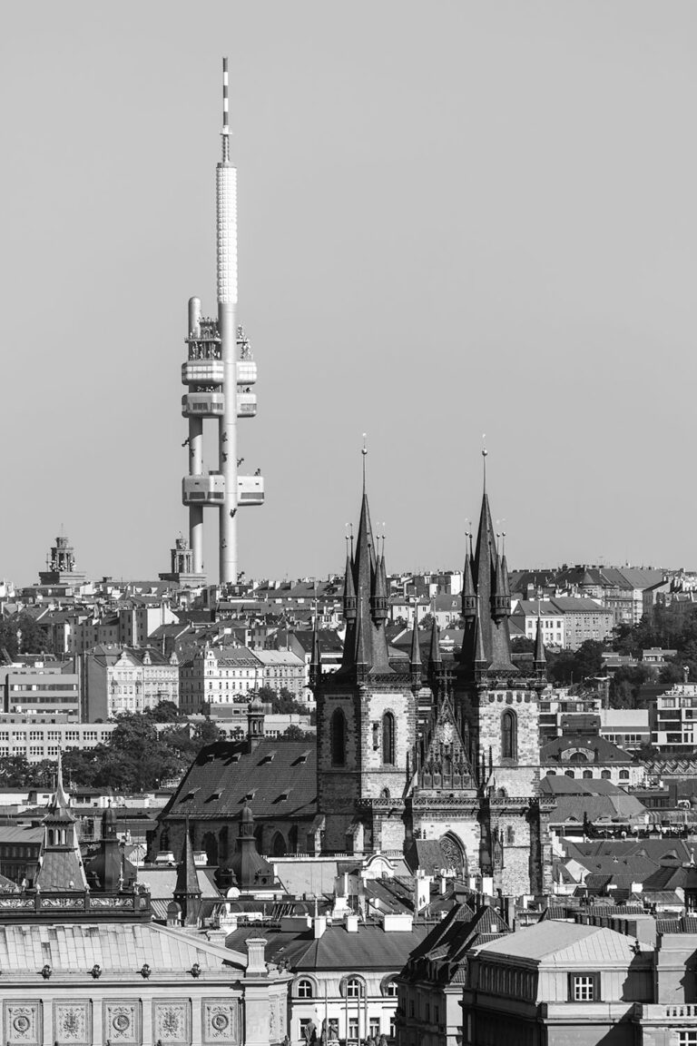 Black & White Cityscape of Prague with the Žižkov TV Tower, Czechia