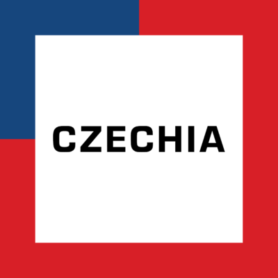 The name Czechia surrounded by the colors of the Czech flag