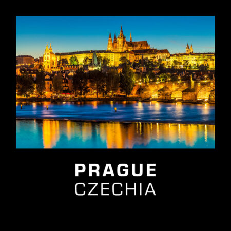 Prague Skyline with the castle and Charles Bridge at the Blue Hour, Czechia. The Czech Capital Prague is often called "the Golden City".