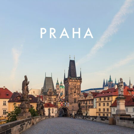 The Lesser Town Bridge Tower (Malostranská mostecká věž), Prague Castle (Pražský hrad) and the Charles Bridge (Karlův most) at Sunrise, Prague, Czechia